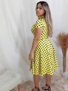 Vestido Poá Anos 80 Com Manga - Poá Amarelo - Visão 3