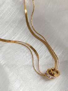 不鏽鋼防水鍍金和鑽石裝飾可旋轉雙層項鍊,適用於女士日常穿著