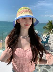 波西米亞風格1入女款高爾文字母編織漏斗帽，防紫外線，適合戶外活動、旅遊、度假和沙灘，男女適用，適合春夏日常配戴，附蝴蝶結 - 拼色 - 查看 17