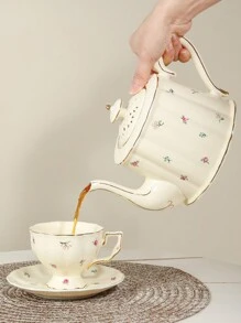 一个法式陶瓷茶壶，高端碎花和草莓设计水壶，适合家庭、俱乐部、茶馆使用，适合户外、露营 - 米色 - 查看 3