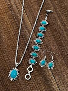 1 Conjunto De Pendientes Decorativos Geométricos De Estilo Bohemio Retro De Moda Con Patrón Turquesa, 2 Pulseras Y 1 Collar Para Mujeres Y Niñas, Perfecto Para Citas, Fiestas, Vacaciones Y Uso Diario.
