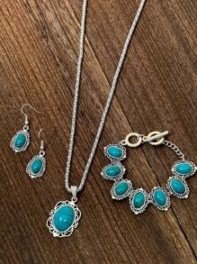 1 Conjunto De Pendientes Decorativos Geométricos De Estilo Bohemio Retro De Moda Con Patrón Turquesa, 2 Pulseras Y 1 Collar Para Mujeres Y Niñas, Perfecto Para Citas, Fiestas, Vacaciones Y Uso Diario.