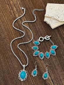 1 Conjunto De Pendientes Decorativos Geométricos De Estilo Bohemio Retro De Moda Con Patrón Turquesa, 2 Pulseras Y 1 Collar Para Mujeres Y Niñas, Perfecto Para Citas, Fiestas, Vacaciones Y Uso Diario.