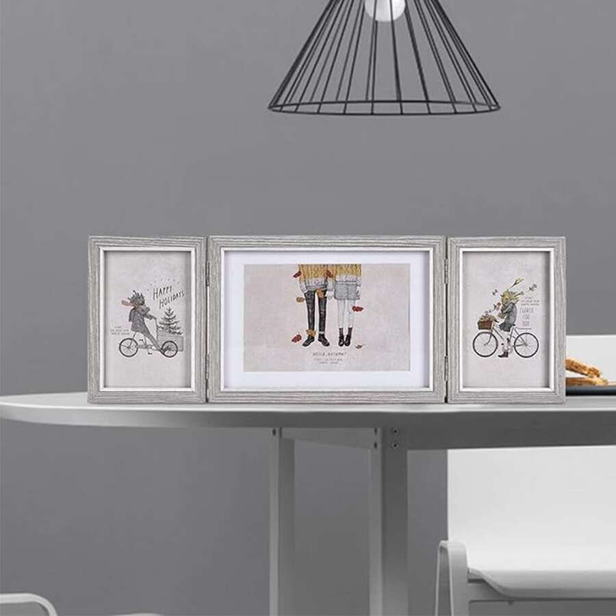 Three Picture Frames Triple Hinged Picture Frame Display 4x6 And 5x7 Pictures For Desktop Or Tabletop 1 Pack - Light Grey - View 1