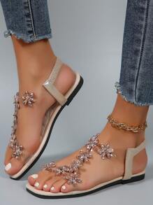 夏季蝴蝶結與鑽石點綴的典雅平底或高跟露趾涼鞋/拖鞋，適用於婚禮或晚宴 - 米色 - 查看 5