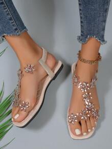 夏季蝴蝶結與鑽石點綴的典雅平底或高跟露趾涼鞋/拖鞋，適用於婚禮或晚宴 - 米色 - 查看 4