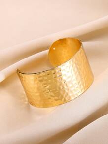 1pc Fashionable Gold Stainless Steel Geometric Embossed Wide Cuff Bracelet For Women, Daily Wear And Gift - Yellow Gold - View 12