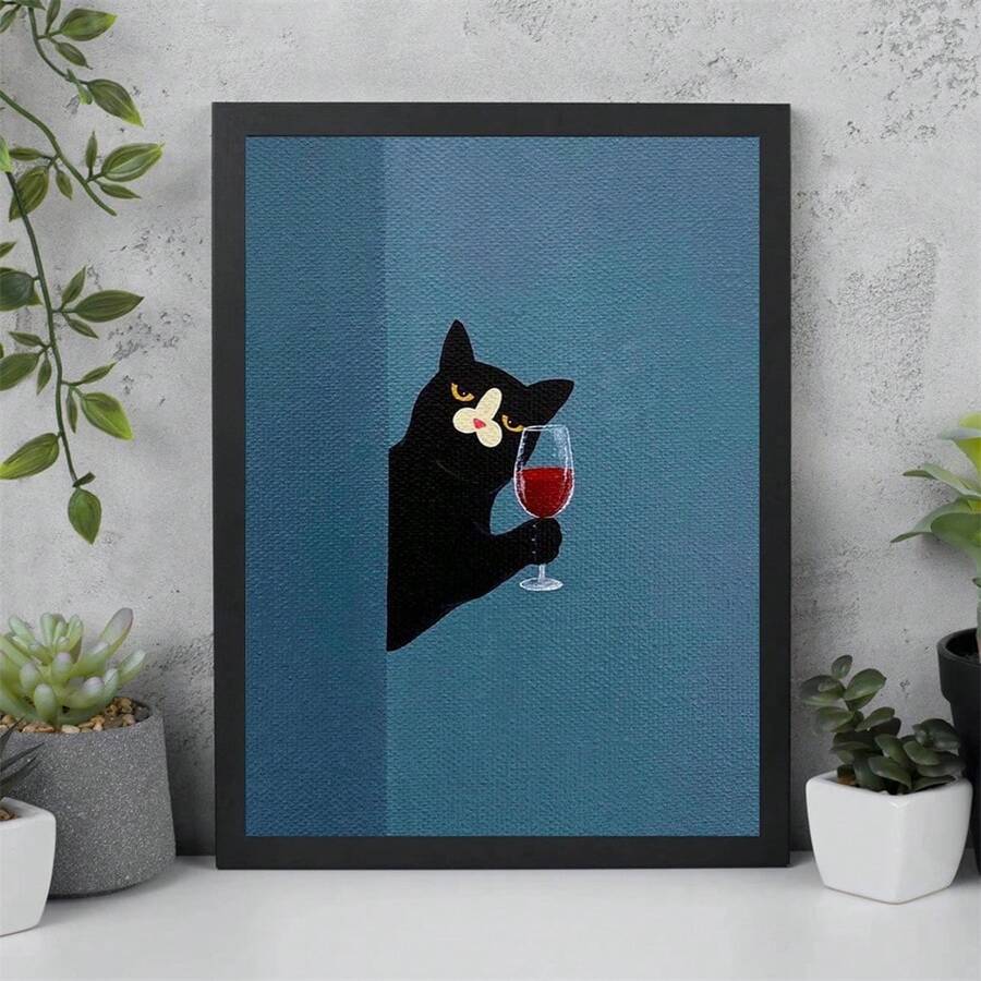 1張貓配紅酒海報,牆藝術,牆飾,帆布印刷,油畫海報,現代極簡風格印刷,客廳和房間裝飾,浴室裝飾,理想禮物,不含畫框 - 彩色 - 查看 1