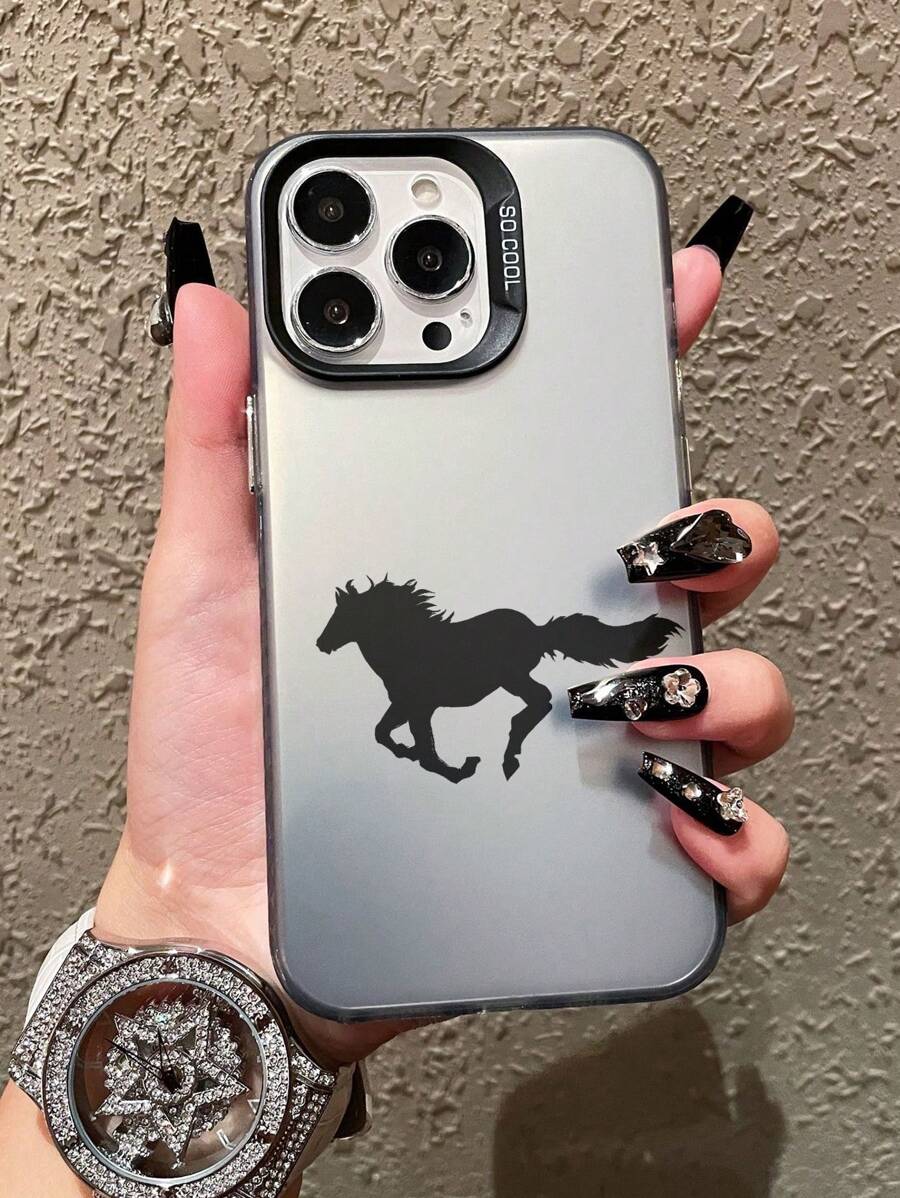 Black Running Horse Imd New Electroplating Metal Button Matte Painting Phone Case, Compatible With Iphone 15 Pro Max, Ins-Style Simple But Advanced Look, Compatible With Iphone 14 Pro With Large Camera Cutouts, Low-Key Advanced Design Compatible With IPhone 13/12, And Simple Deluxe Full Protection Case Compatible With IPhone 11 And 11 Pro, Xr/Xs For Both Men And Women,International Version, Not The Domestic Version - Multicolor - View 1