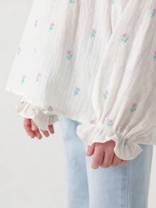 MARC&JANIE 少女甜美可愛的郁金香花紋立領泡袖長袖襯衫,適用於春季