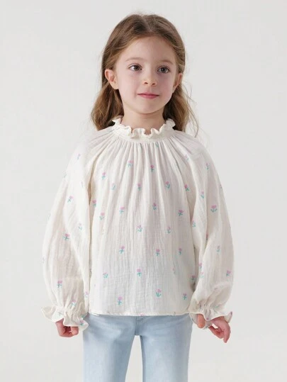 MARC&JANIE 少女甜美可愛的郁金香花紋立領泡袖長袖襯衫,適用於春季