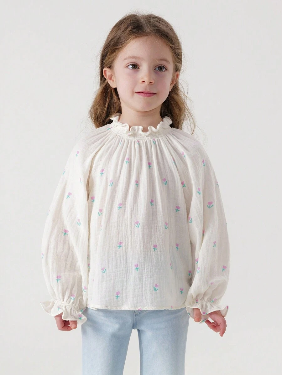 MARC&JANIE 少女甜美可愛的郁金香花紋立領泡袖長袖襯衫,適用於春季