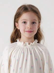 MARC&JANIE 少女甜美可愛的郁金香花紋立領泡袖長袖襯衫,適用於春季