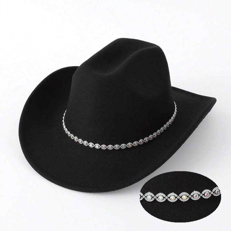 1 pieza Sombrero de vaquero negro para mujer con rhinestones y decoraciones de brillos ondulados para fiestas, viajes, festivales o equitación, apropiado para uso diario casual como sombrero de vaquero o de vaquera para Halloween - Negro - Ver 1