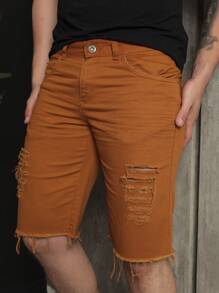 Men Denim Shorts - 駝色 - 查看 1