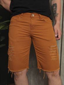 Men Denim Shorts - 駝色 - 查看 4