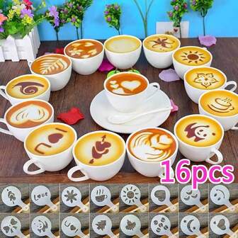 16/32/80pcs Plastic Latte Art Stencils, Fancy Coffee Printing Patterns, Milk Froth Decoration Template, Drinks & Dessert Dusting Tools Back To School