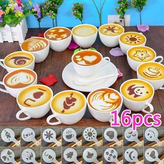 16pcs Set Of Plastic Coffee Art Stencils, Template For Latte Art, Layered Design, Cappuccino Decoration Tool