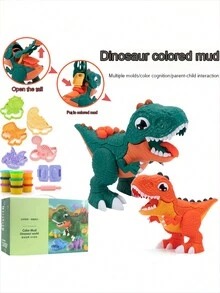 1套恐龍diy黏土套件,綠色和橙色黏土、麵條製造器和各種模具,親子互動玩具、兒童美術創作用品,適合3-6歲男女童 - 恐龍彩泥機 - 查看 4