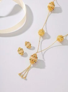Bộ trang sức ngọc trai giả đèn lồng cổ điển 3 món, Bộ trang sức đá Jasper Zirconia mạ đồng, Bộ trang sức sang trọng theo phong cách Bohemian cho đám cưới, tiệc, lễ hội - Vàng - Xem 12