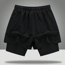 男友风格男士夏季速干跑步训练健身篮球短裤，二合一设计 - 黑色 - 查看 2