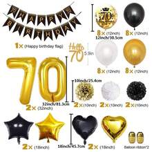 黑金生日氣球套裝,適用於男女70歲生日派對裝飾,包含生日快樂橫幅、紙做的波波花、心形箔氣球、星形箔氣球、生日快樂字樣噴印氣球、照片道具 - 70歲 - 查看 3