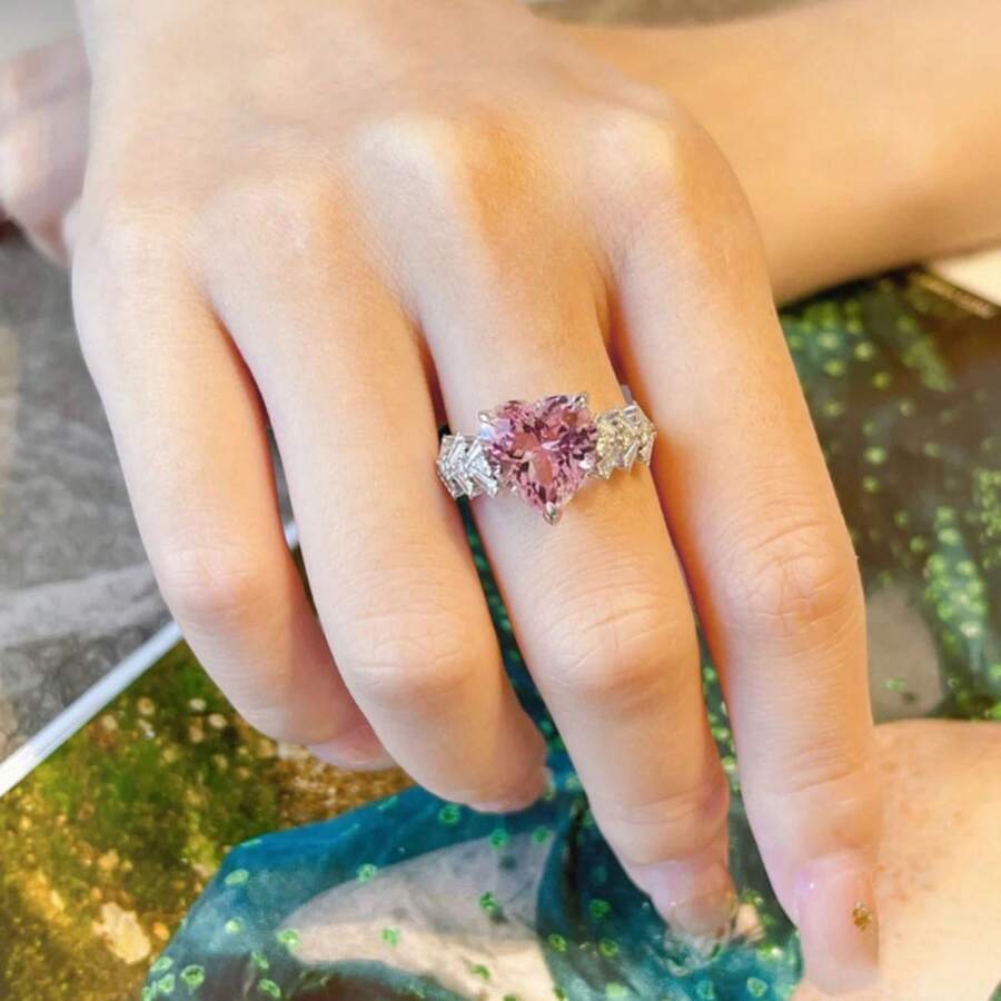 1 Miếng Lễ cưới , Cao-kết thúc , Đúng mốt , Phong cách cổ điển , Sang trọng Màu hồng Đá quý Và Kim cương Nhẫn , Đối với phụ nữ - Bạc - Xem 1