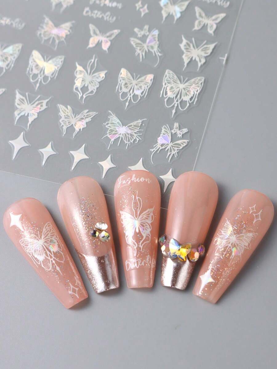 5d Laser Butterfly Design Nail Art Sticker, Black & White & Pink