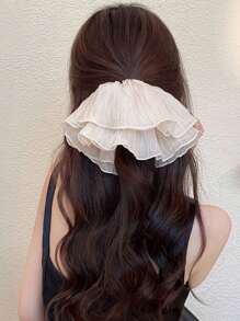1 件女士纯色网眼和欧根纱面料扭纹松紧带花卉设计蝴蝶结发圈优雅万圣节 - 米色 - 查看 4