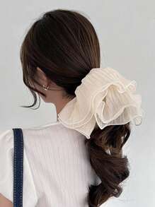 1 件女士纯色网眼和欧根纱面料扭纹松紧带花卉设计蝴蝶结发圈优雅万圣节 - 米色 - 查看 5