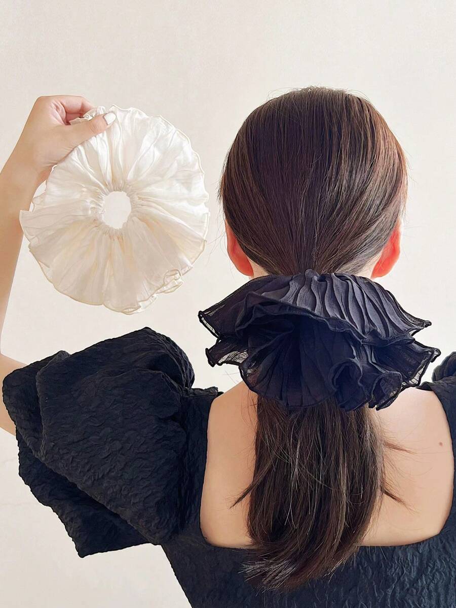 1 件女士纯色网眼和欧根纱面料扭纹松紧带花卉设计蝴蝶结发圈优雅万圣节 - 米色 - 查看 1