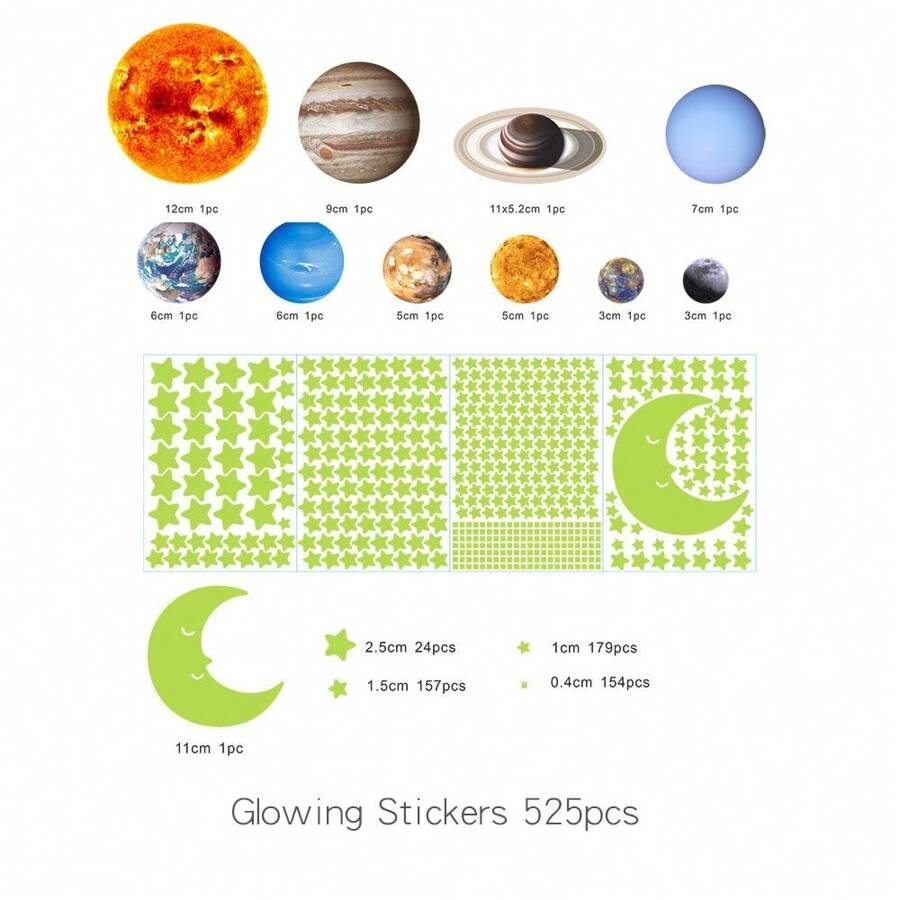 Glowing Solar System 9-Planets Stickers, Star Shooting Meteor Night Light Decals, Creative Decorative Stickers To Make Dreamy And Fun Starry Space Environment, Suitable For Wall, Ceiling, Furniture In Children's Room - Mini Solar System & Stars and Moon - View 1