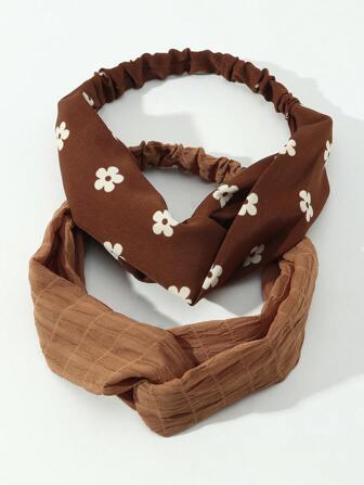 2条装女士简约咖啡色花朵图案交叉发带，适合日常波西米亚休闲风佩戴，发饰，头巾式发带，秋冬季度假发带，女士优雅围巾，女士头巾，柔软头巾