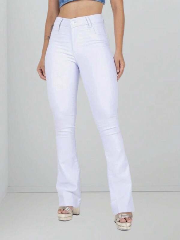 Calça Jeans Feminina Flare Branca Cintura Alta Levanta Bumbum Com Elastano Premium