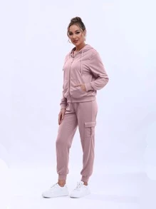 Conjunto Deportivo Dama Conjunto Con Capucha, Cierre y Bolsas en Sudadera - Rosa vieja - Ver 3