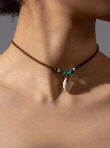 1pc Bohemian Natural Shell & Turquoise Pendant Korean Velvet Long Necklace, Suitable For Women's Holiday Wear - Multicolor - View 7