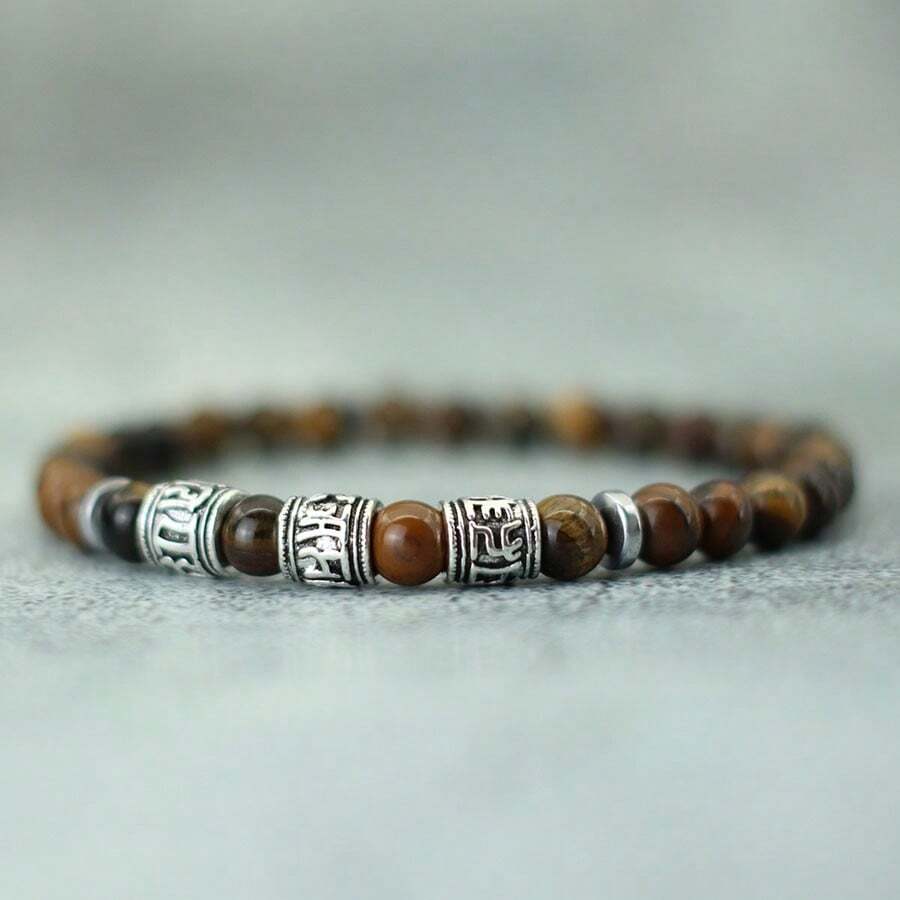 diffone Vintage Men's Beaded Bracelet With Om Mani Padme Hum Mantra, Viking Style Jewelry Accessory, Natural Tiger's Eye Stone Bracelet - Tiger Eye Stone - View 1
