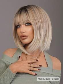 7JHH WIGS Tóc giả ngắn màu vàng kim 12 inch của 7JHHWIGS, có mái, điểm xuyết những lọn tóc trắng và chân tóc tối màu, trông tự nhiên và chân thực, phù hợp cho cả sử dụng hàng ngày và dự tiệc. - Ombre - Xem 4