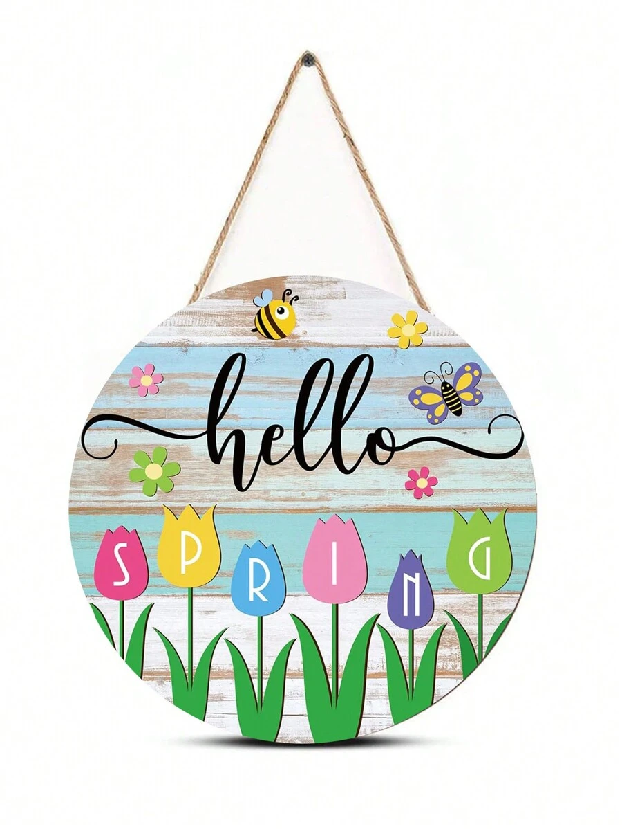 1Pc Hello Spring Wooden Round Shape Plaque Sign For Wall Hanging Decor ...