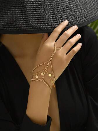 1條時尚多層流蘇和圓盤鏈手指到手腕手鍊,適合女性佩戴