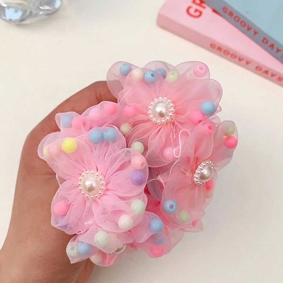 1pair Children Pearl Flower Headwear, Cute Bun Hair Ties For Little