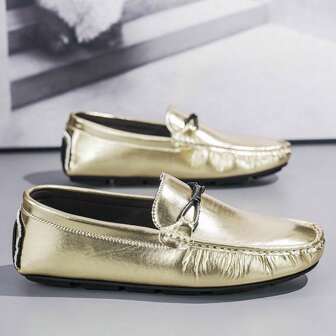 2024 New Spring Collection Men's Fashionable Korean Style Penny Loafers, All-Match Casual Leather Shoes, Slip On Type With Soft Gold Heel