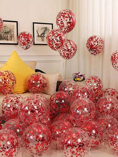 20pcs 12 Inch Red Glitter Transparent Latex Balloons And Colorful Paper Balloons For Romantic Wedding, Birthday Party Venue Decoration