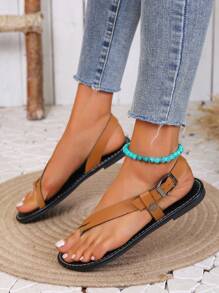 Women's Adjustable Toe Post Flat Sandals, Unisex Standard Size, Retro Casual Chocolate Color, Versatile & Affordable, Suitable For Spring And Summer - Chocolate Color - View 9
