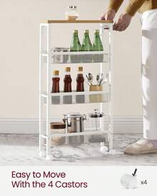 VASAGLE Slim Storage Cart, 4-Tier Rolling Cart Tower, Slide Out Cart With Handle Metal Mobile Shelving Unit For Kitchen Dining Living Room Office Narrow Places - White - View 8