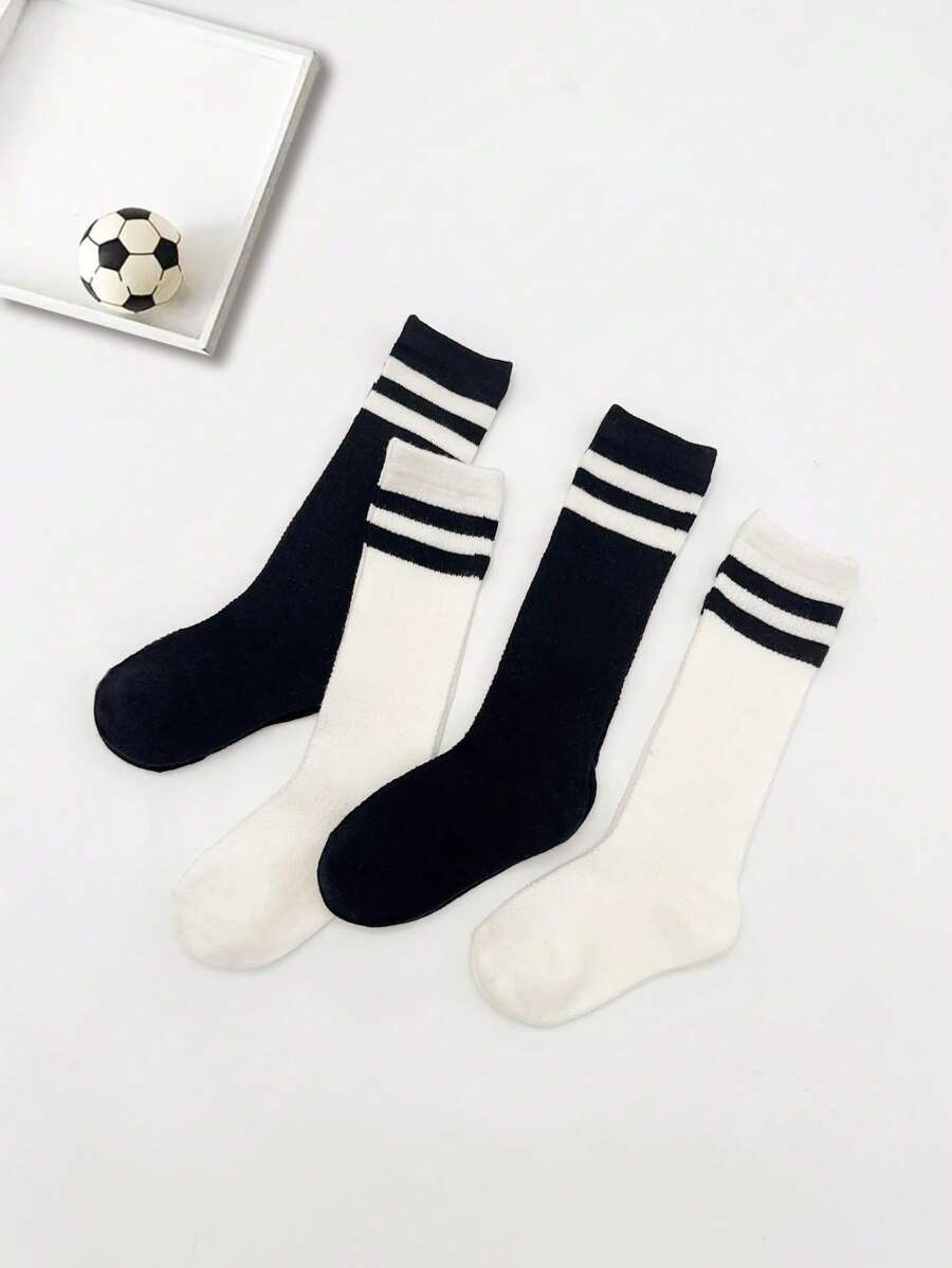 4對孩子們的大學風條紋黑白網眼襪子,適合日常穿著