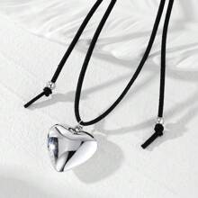 Adjustable Pull String Velvet Choker Necklace With Large Heart Pendant, The Pull String Can Be Styled In Different Ways According To Your Preferences - Silver - View 1