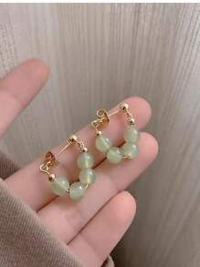 1 Par De Brincos Redondos De Contas De Jade Imitação Vintage Para Mulheres, Jóias De Orelha Estilo Retrô Com Sentimento De Alta Classe