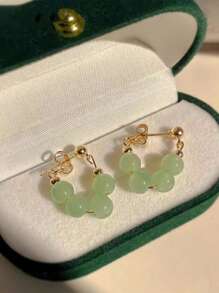 1 Par De Brincos Redondos De Contas De Jade Imitação Vintage Para Mulheres, Jóias De Orelha Estilo Retrô Com Sentimento De Alta Classe