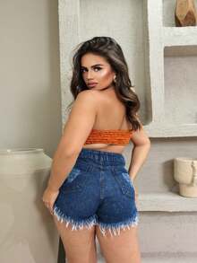 Women Denim Shorts - 深色水洗藍 - 查看 3